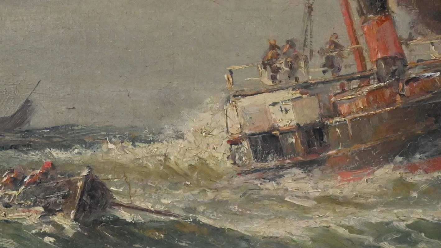 Demont, Gemälde Einfahrt in den Hafen von Rough Seas, 1890er, Öl auf Leinwand