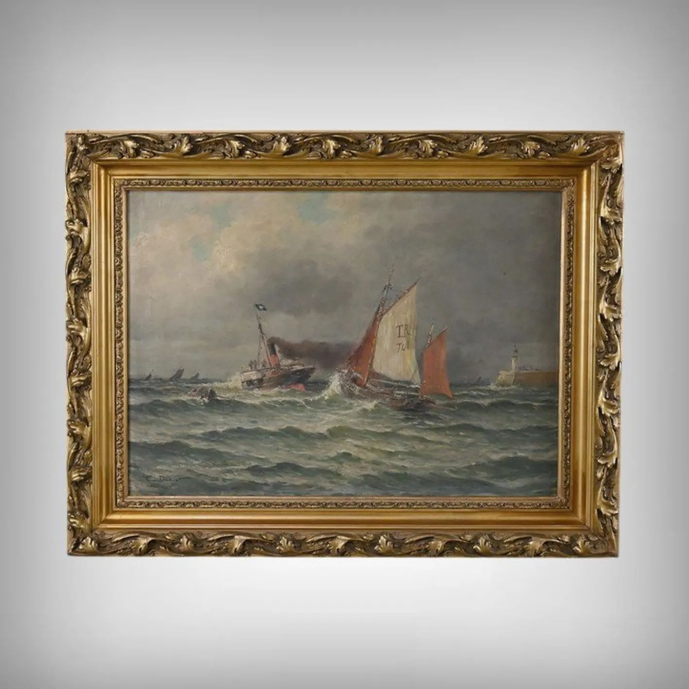 Demont, Gemälde Einfahrt in den Hafen von Rough Seas, 1890er, Öl auf Leinwand