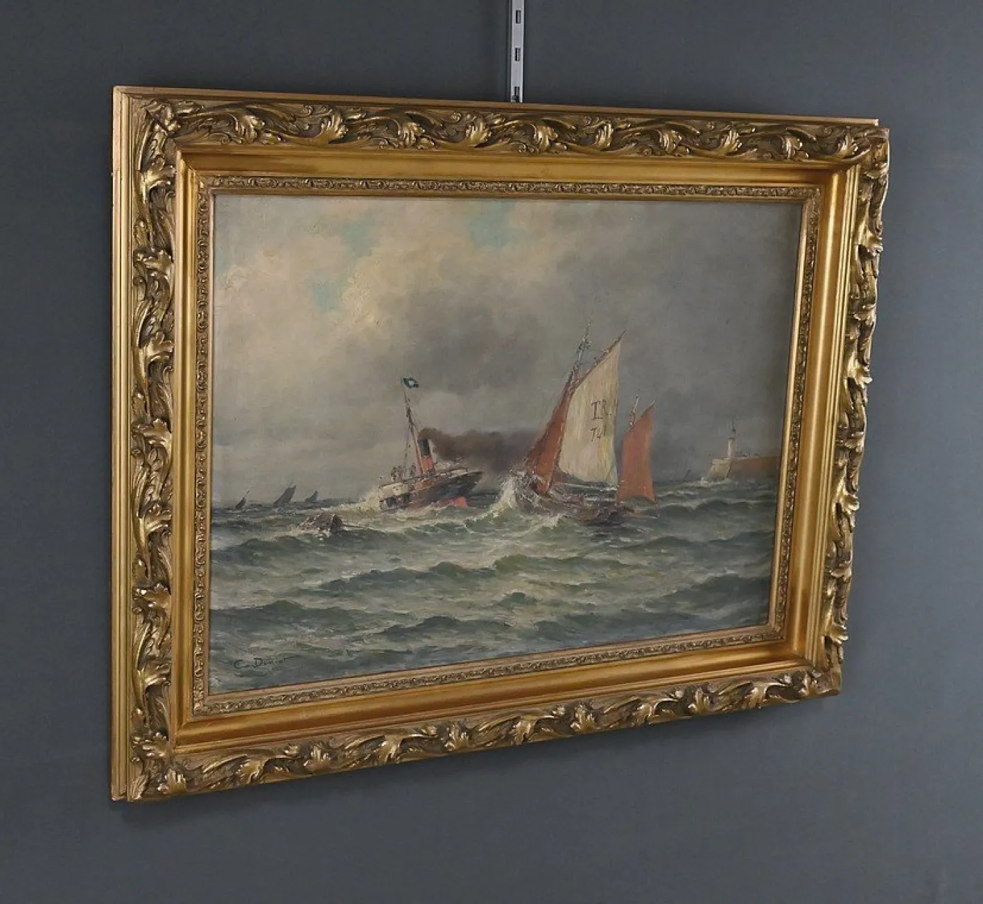Demont, Gemälde Einfahrt in den Hafen von Rough Seas, 1890er, Öl auf Leinwand