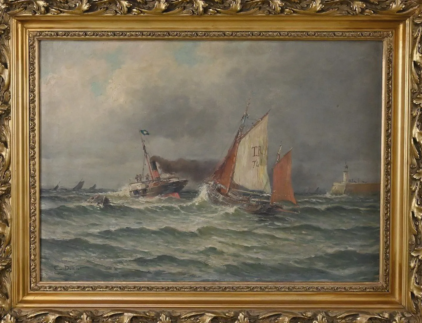 Demont, Gemälde Einfahrt in den Hafen von Rough Seas, 1890er, Öl auf Leinwand