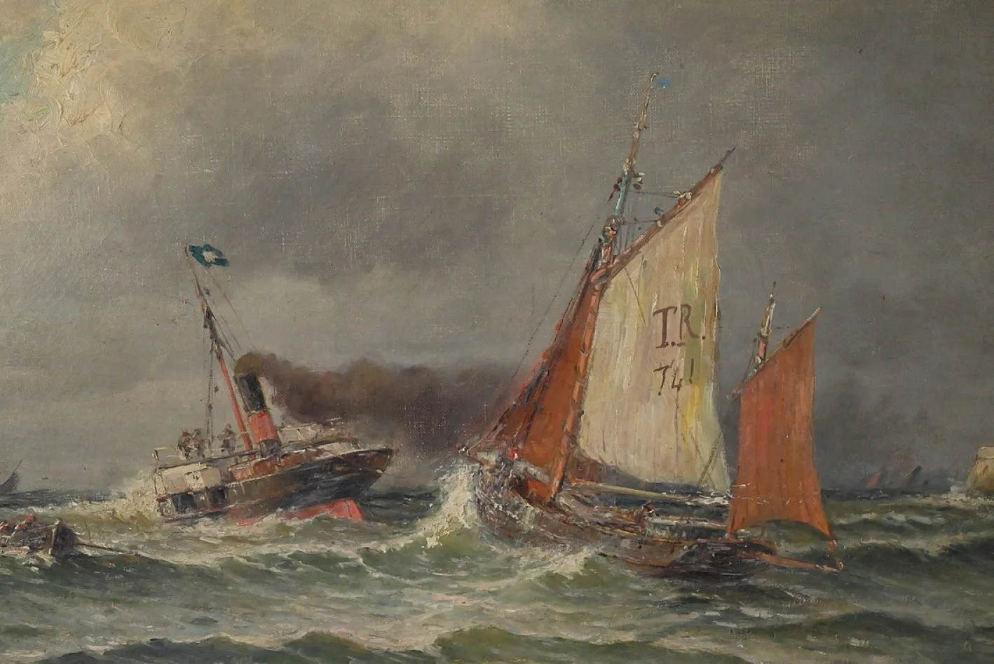 Demont, Gemälde Einfahrt in den Hafen von Rough Seas, 1890er, Öl auf Leinwand