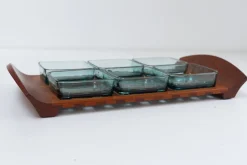 Dänisches Vintage Teak Tablett mit Glasschalen von Jens Harald Quistgaard, 1960er, 7er Set