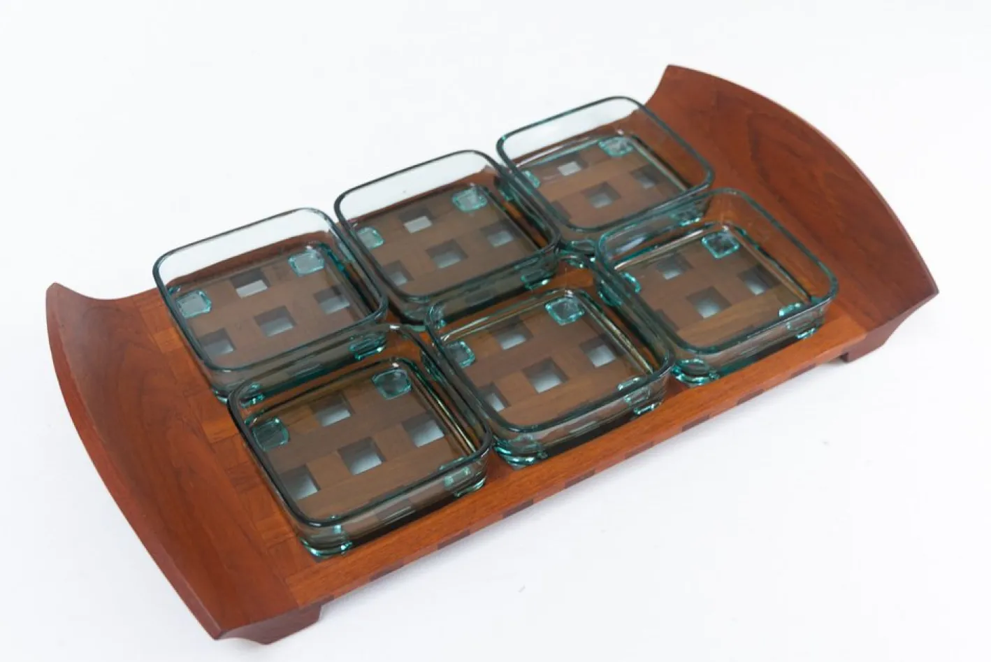 Dänisches Vintage Teak Tablett mit Glasschalen von Jens Harald Quistgaard, 1960er, 7er Set
