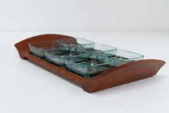 Dänisches Vintage Teak Tablett mit Glasschalen von Jens Harald Quistgaard, 1960er, 7er Set