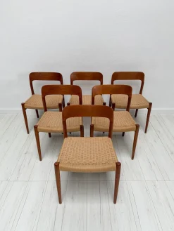 Dänische Vintage Esszimmerstühle aus Teak & Papierkordelgeflecht von Niels O. Møller für JL Møller, 1950er, 6er Set