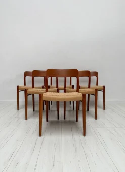 Dänische Vintage Esszimmerstühle aus Teak & Papierkordelgeflecht von Niels O. Møller für JL Møller, 1950er, 6er Set