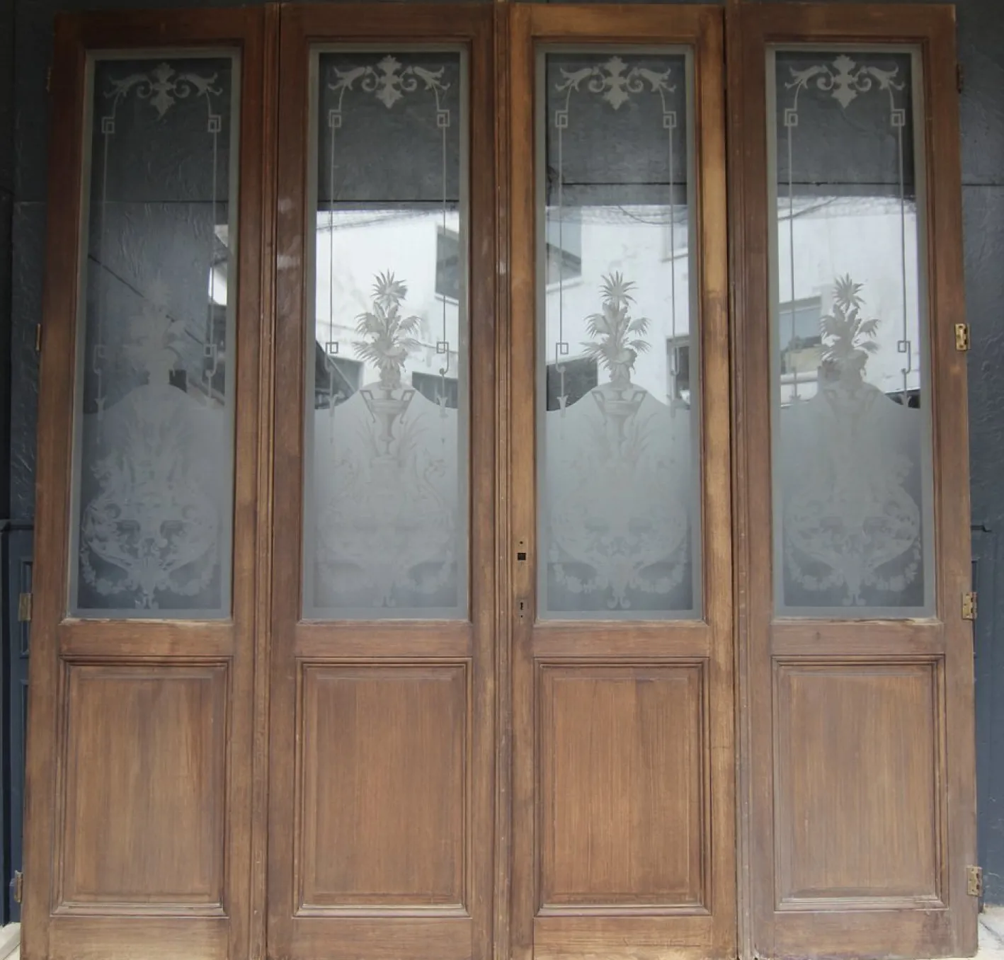 Doppeltür im Jugendstil mit geätzten Glasscheiben, 1890er, 4er Set
