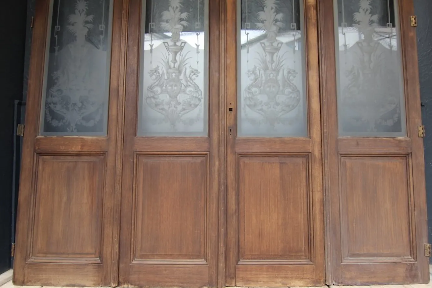 Doppeltür im Jugendstil mit geätzten Glasscheiben, 1890er, 4er Set