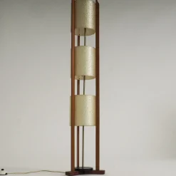 Dreistufige Mid-Century Modern Stehlampe aus Glasfaser & Holz, 1950er