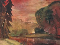 Dzidra Ezergaile, Scharlachroter Sonnenuntergang, Bilateral, Aquarell, 1960er