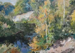 Edgars Vinters, Landschaft mit dem Fluss, 1992, Öl auf Karton