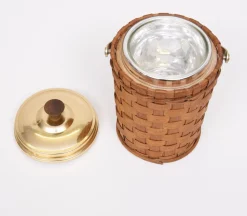 Eiskübel aus Messing mit Deckel und Eiszange aus Korbgeflecht, 1960er, 3er Set