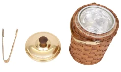 Eiskübel aus Messing mit Deckel und Eiszange aus Korbgeflecht, 1960er, 3er Set