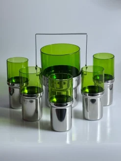 Eiskübel und Gläser aus Glas & Edelstahl von Pran, 1970er, 6 . Set