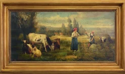 Emilio Pergola, Ländliche Szene mit Vieh, 1990er, Öl auf Leinwand, gerahmt
