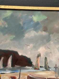Eric Lo, Coastal Village, 1960er, Ölgemälde auf Leinwand, gerahmt