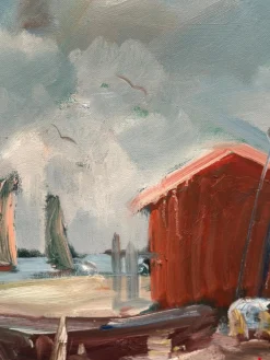 Eric Lo, Coastal Village, 1960er, Ölgemälde auf Leinwand, gerahmt