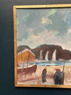 Eric Lo, Coastal Village, 1960er, Ölgemälde auf Leinwand, gerahmt