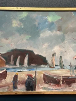 Eric Lo, Coastal Village, 1960er, Ölgemälde auf Leinwand, gerahmt