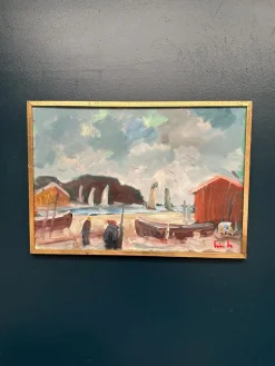 Eric Lo, Coastal Village, 1960er, Ölgemälde auf Leinwand, gerahmt