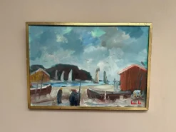 Eric Lo, Coastal Village, 1960er, Ölgemälde auf Leinwand, gerahmt