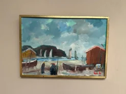 Eric Lo, Coastal Village, 1960er, Ölgemälde auf Leinwand, gerahmt