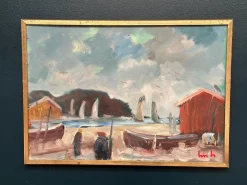 Eric Lo, Coastal Village, 1960er, Ölgemälde auf Leinwand, gerahmt