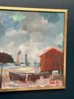 Eric Lo, Coastal Village, 1960er, Ölgemälde auf Leinwand, gerahmt