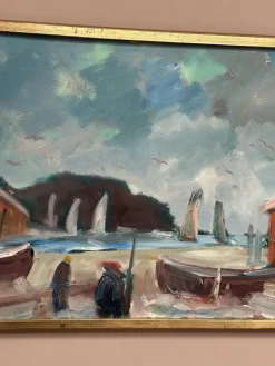 Eric Lo, Coastal Village, 1960er, Ölgemälde auf Leinwand, gerahmt