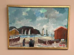 Eric Lo, Coastal Village, 1960er, Ölgemälde auf Leinwand, gerahmt