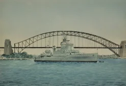 Eric Tufnell, HMS Newcastle in Sydney Harbour, 1956, Aquarell, gerahmt