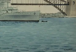 Eric Tufnell, HMS Newcastle in Sydney Harbour, 1956, Aquarell, gerahmt