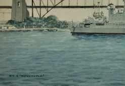 Eric Tufnell, HMS Newcastle in Sydney Harbour, 1956, Aquarell, gerahmt