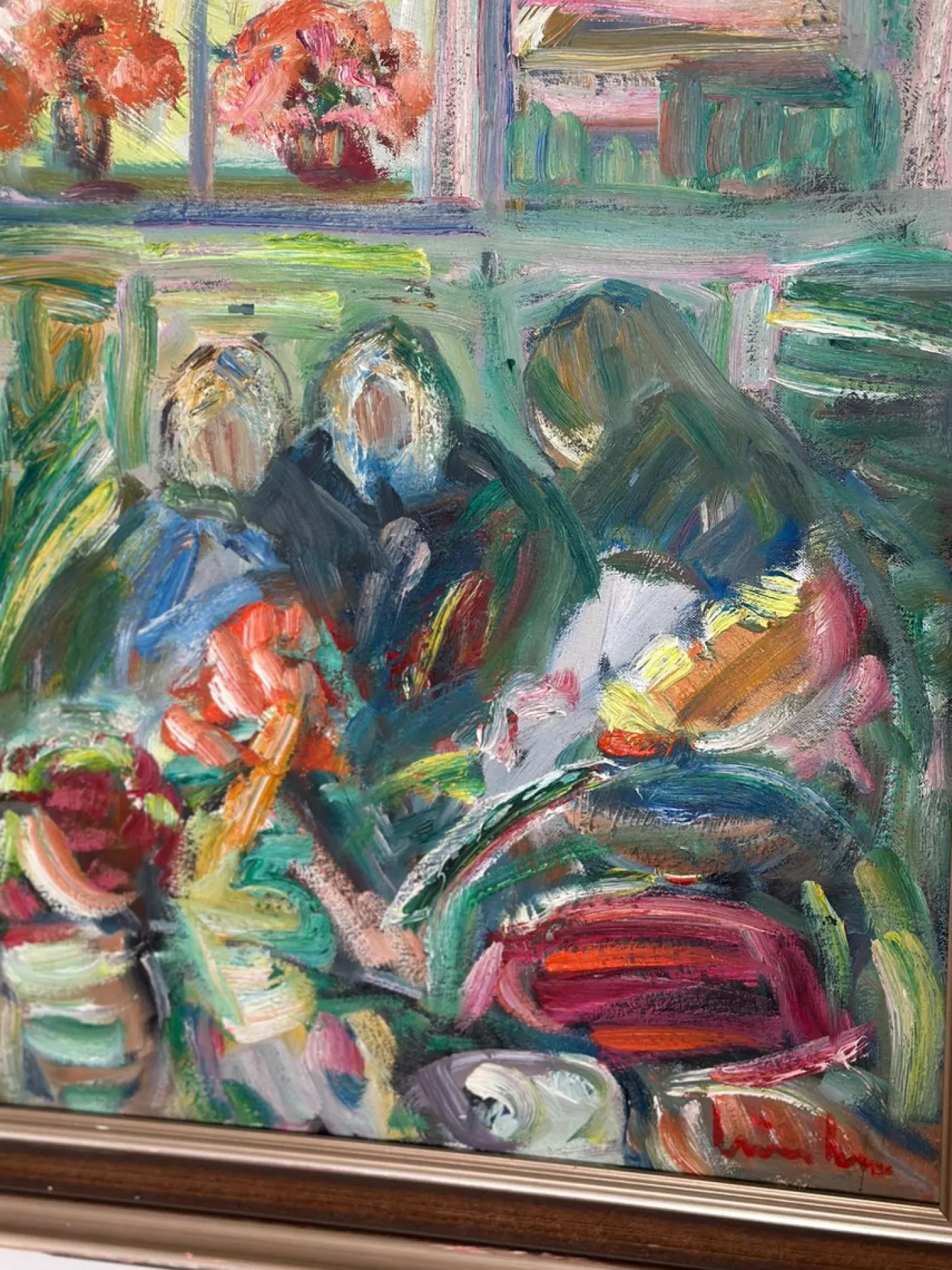 Erik Lo, Interieur mit Figuren, 1960er, Öl auf Leinwand, Gerahmt