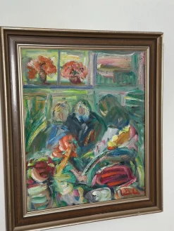 Erik Lo, Interieur mit Figuren, 1960er, Öl auf Leinwand, Gerahmt