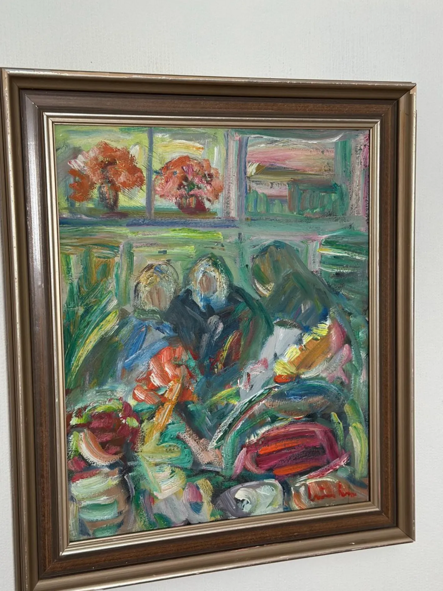 Erik Lo, Interieur mit Figuren, 1960er, Öl auf Leinwand, Gerahmt