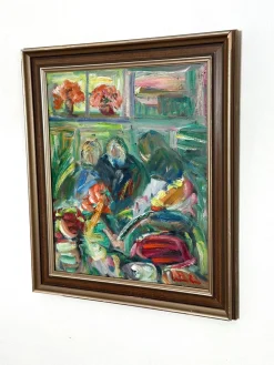 Erik Lo, Interieur mit Figuren, 1960er, Öl auf Leinwand, Gerahmt