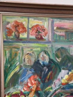 Erik Lo, Interieur mit Figuren, 1960er, Öl auf Leinwand, Gerahmt