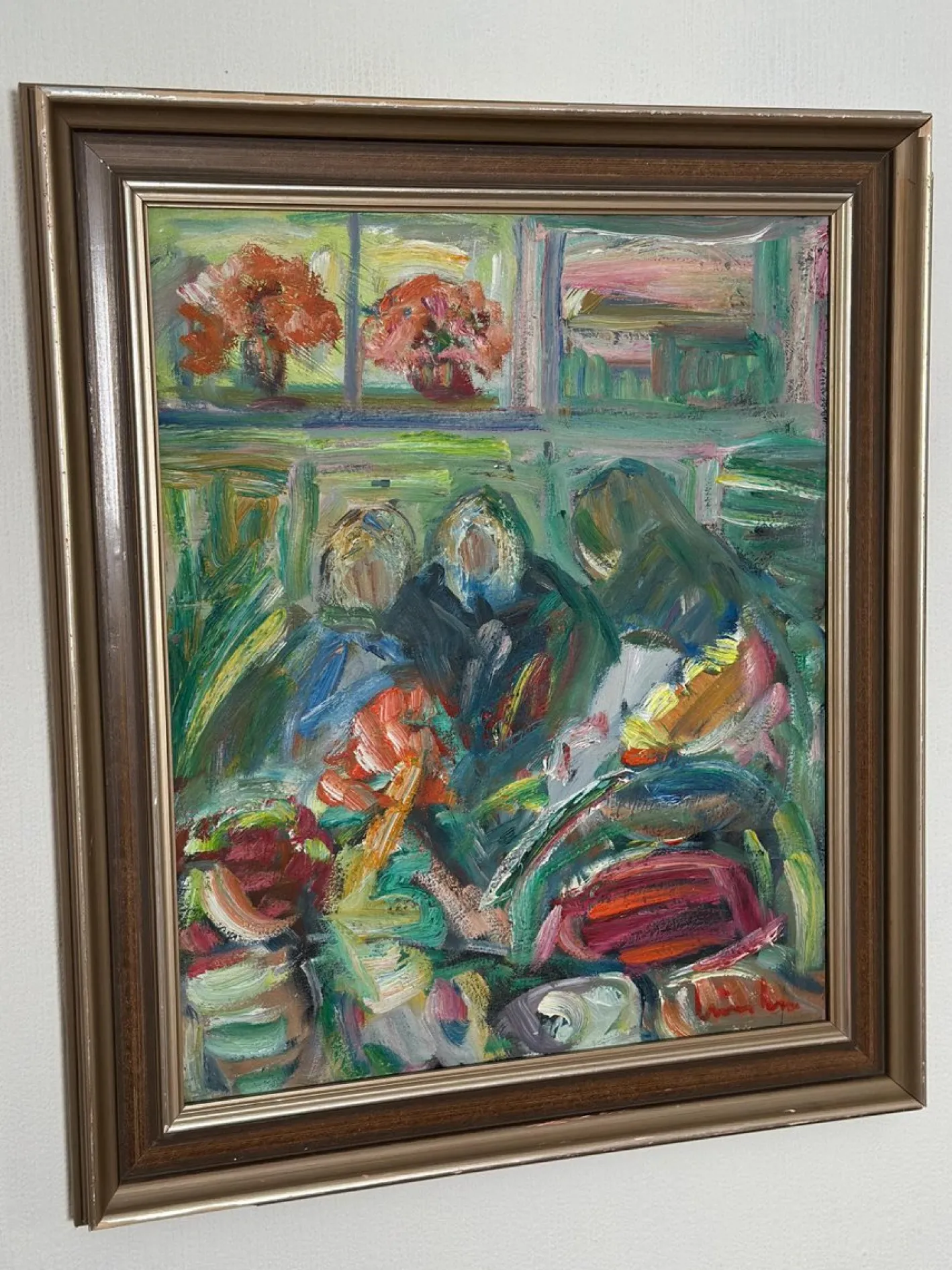 Erik Lo, Interieur mit Figuren, 1960er, Öl auf Leinwand, Gerahmt