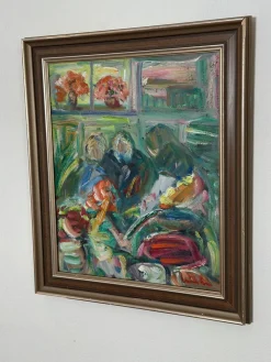 Erik Lo, Interieur mit Figuren, 1960er, Öl auf Leinwand, Gerahmt