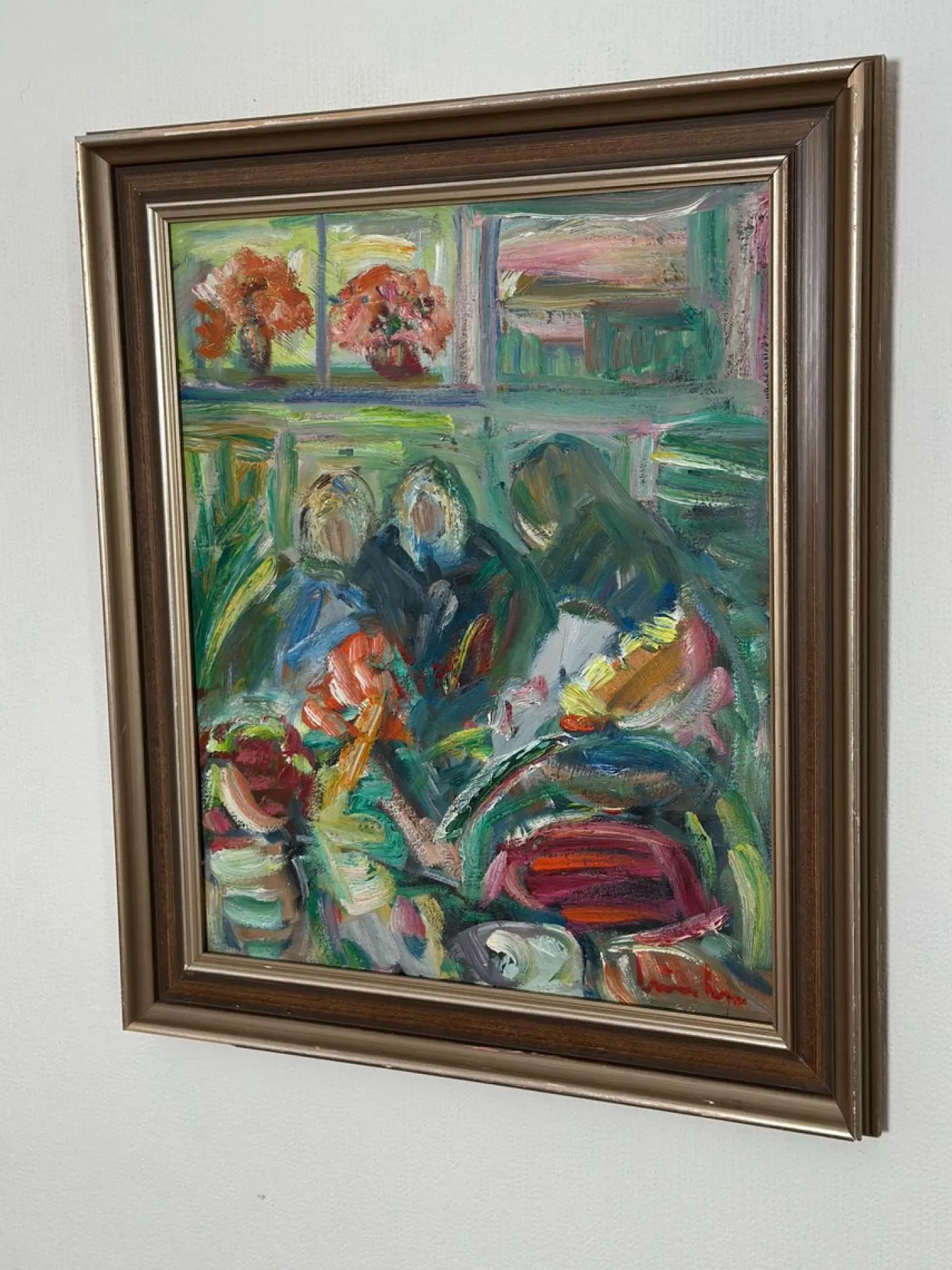 Erik Lo, Interieur mit Figuren, 1960er, Öl auf Leinwand, Gerahmt