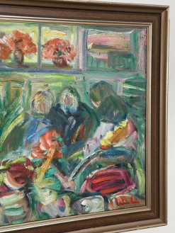 Erik Lo, Interieur mit Figuren, 1960er, Öl auf Leinwand, Gerahmt