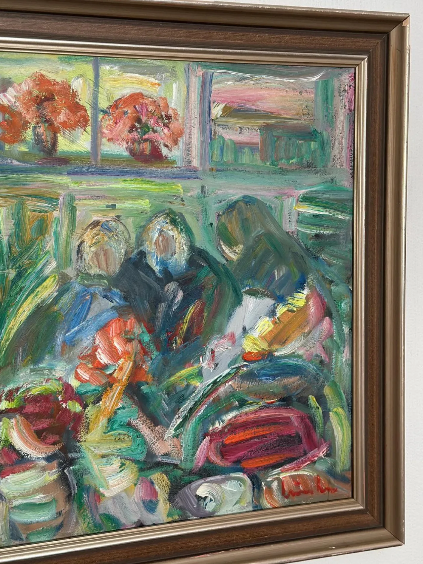 Erik Lo, Interieur mit Figuren, 1960er, Öl auf Leinwand, Gerahmt