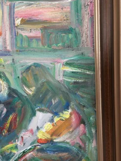 Erik Lo, Interieur mit Figuren, 1960er, Öl auf Leinwand, Gerahmt