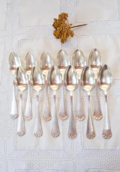 12er Set Esslöffel mit Gravierten Initialen, Ercuis Coquille, 1950er, 12 Set