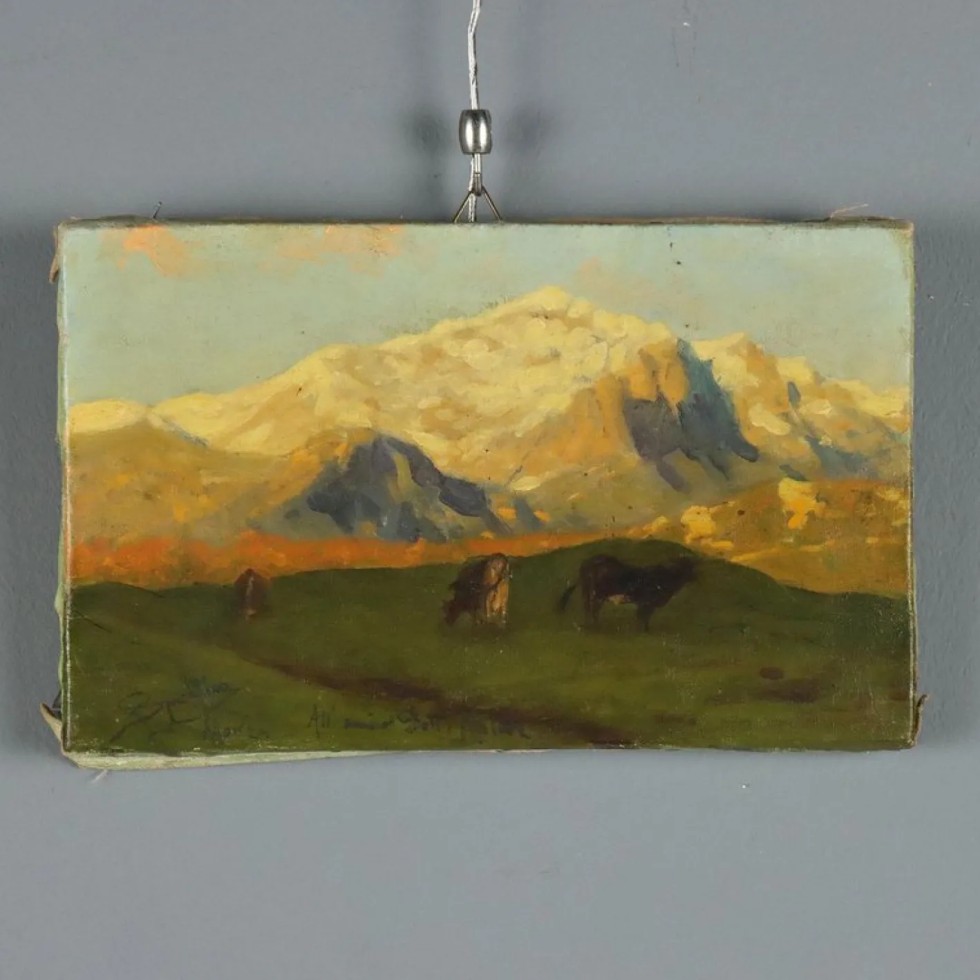 Eugenio Spreafico, Alpenblick mit Kühen, Ölgemälde auf Leinwand