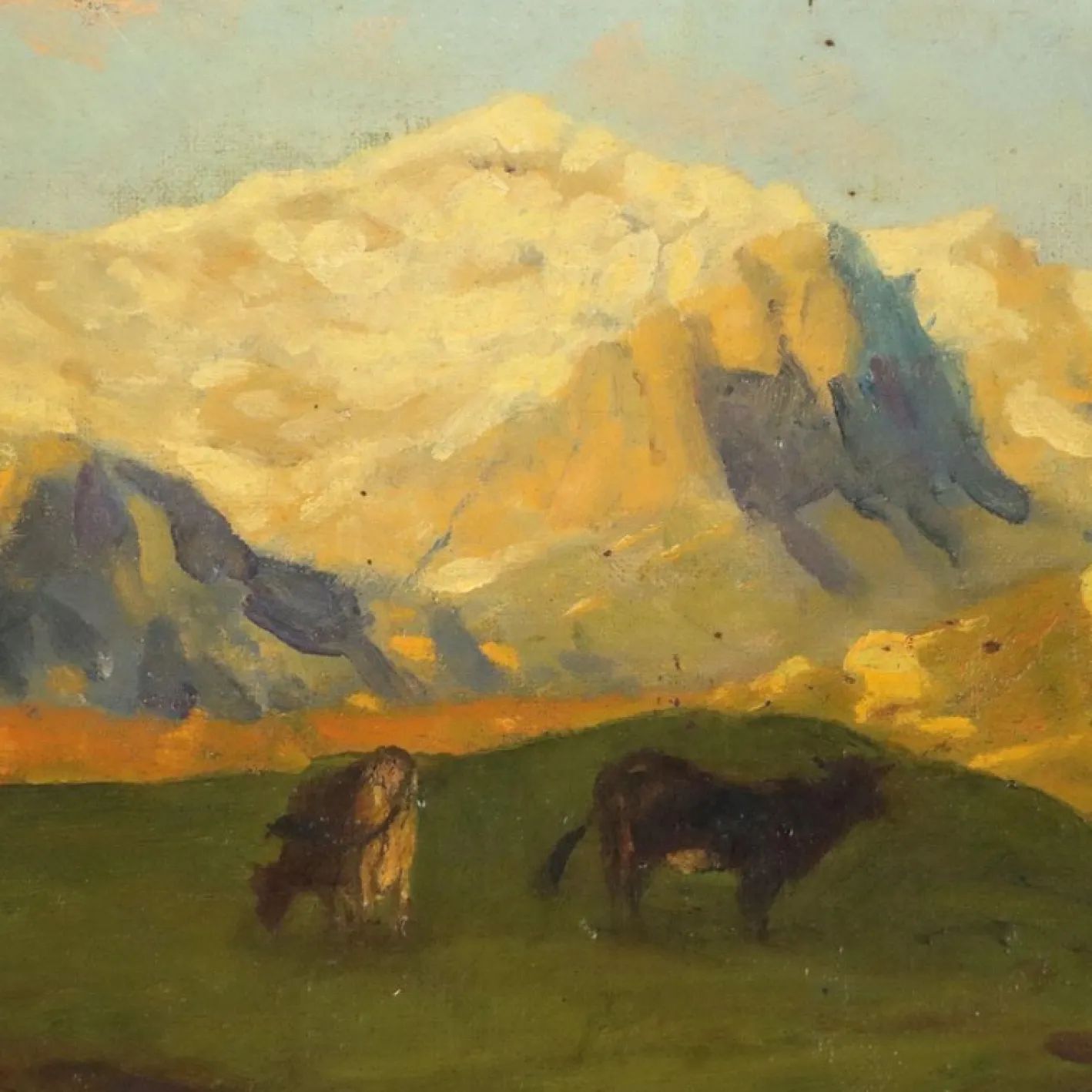Eugenio Spreafico, Alpenblick mit Kühen, Ölgemälde auf Leinwand