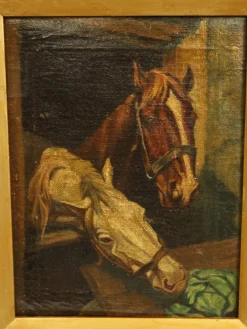 Europäischer Künstler, Zwei Pferde in einem Stall, 1880-1900, Öl auf Leinwand
