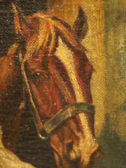 Europäischer Künstler, Zwei Pferde in einem Stall, 1880-1900, Öl auf Leinwand