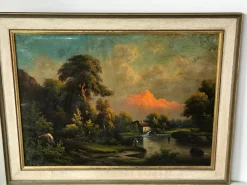 Europäischer Schul-Künstler, Flusslandschaft, 19. Jh., Ölgemälde auf Leinwand, gerahmt